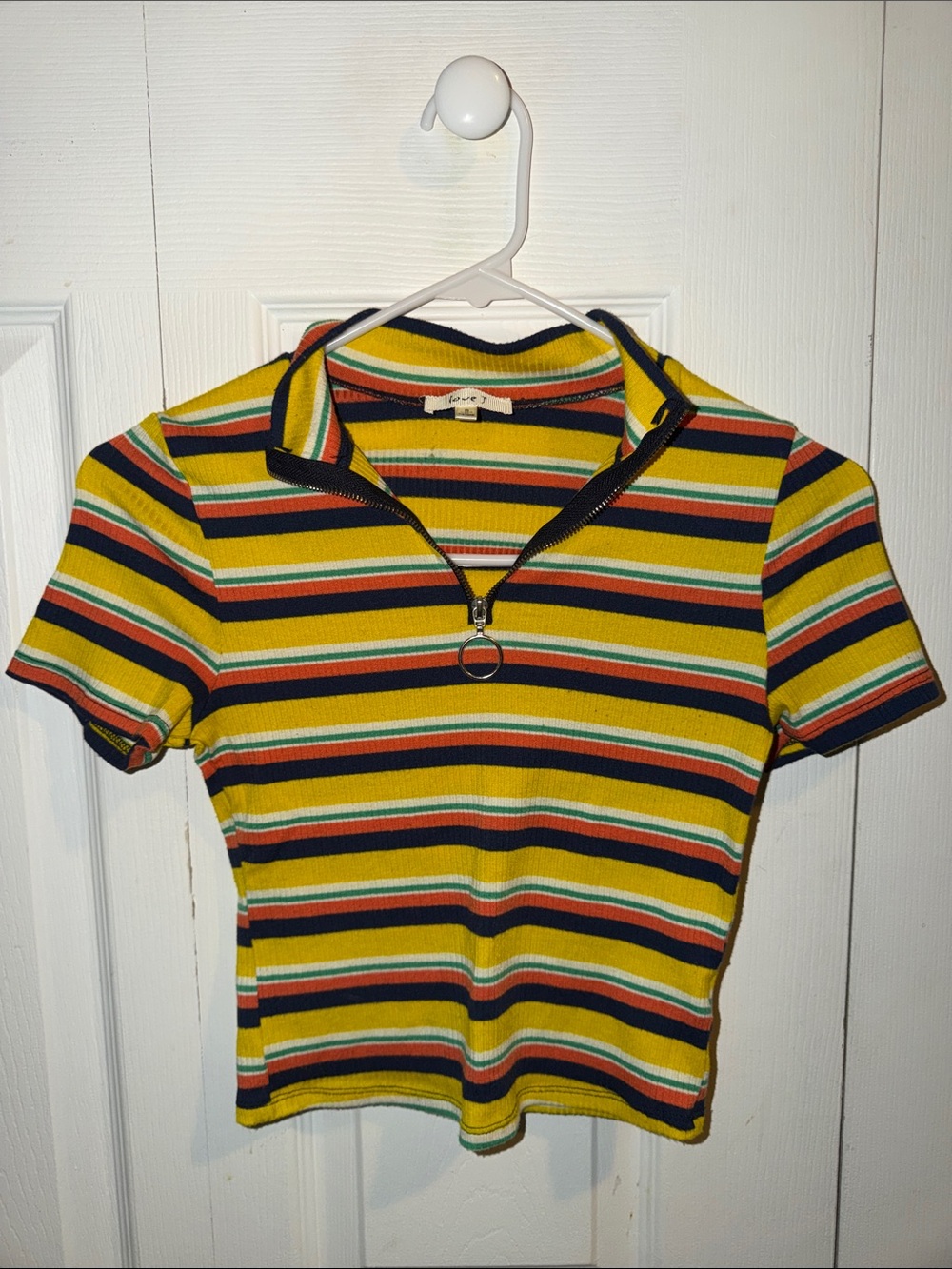Striped Half-Zip Short Sleeve Crop Top in Yellow